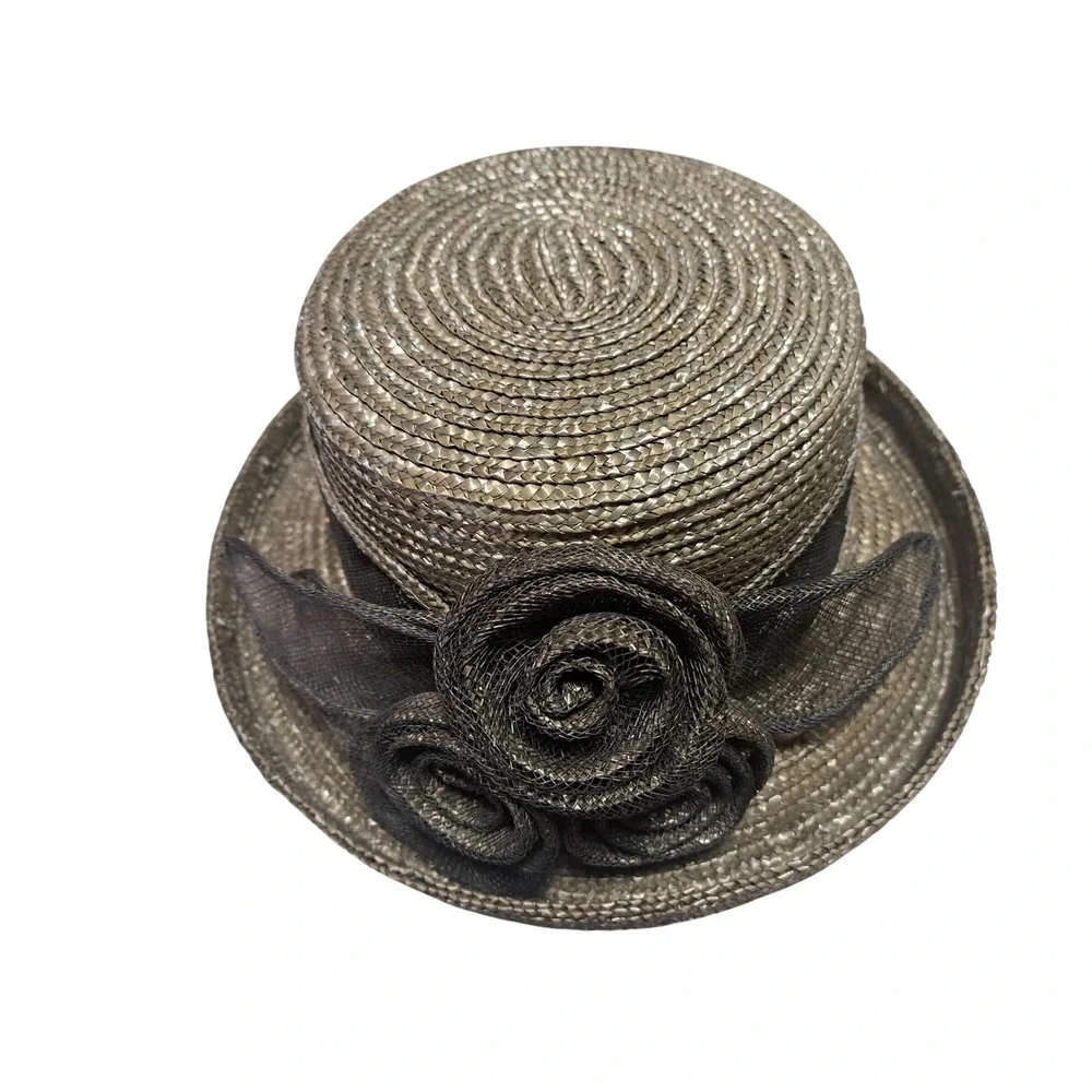 Georgi Vintage Straw Boater Hat Metallic Bronze Pewter Mesh Flower Rosette